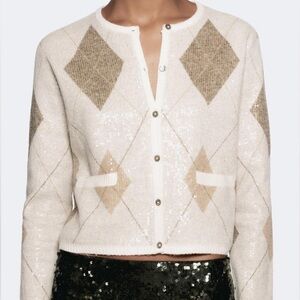 ‼️PRICE FIRM‼️NWT ZARA ARGYLE SEQUIN KNIT CARDIGAN